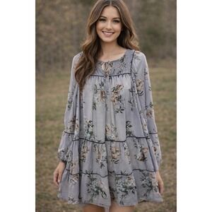 Color Blue Womens M Purple Floral Chiffon Tiered Mini Dress Peasant Cottagecore